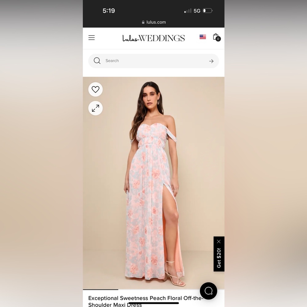 Lulus “Exceptional Sweetness Peach Floral” Off the shoulder maxi dress!